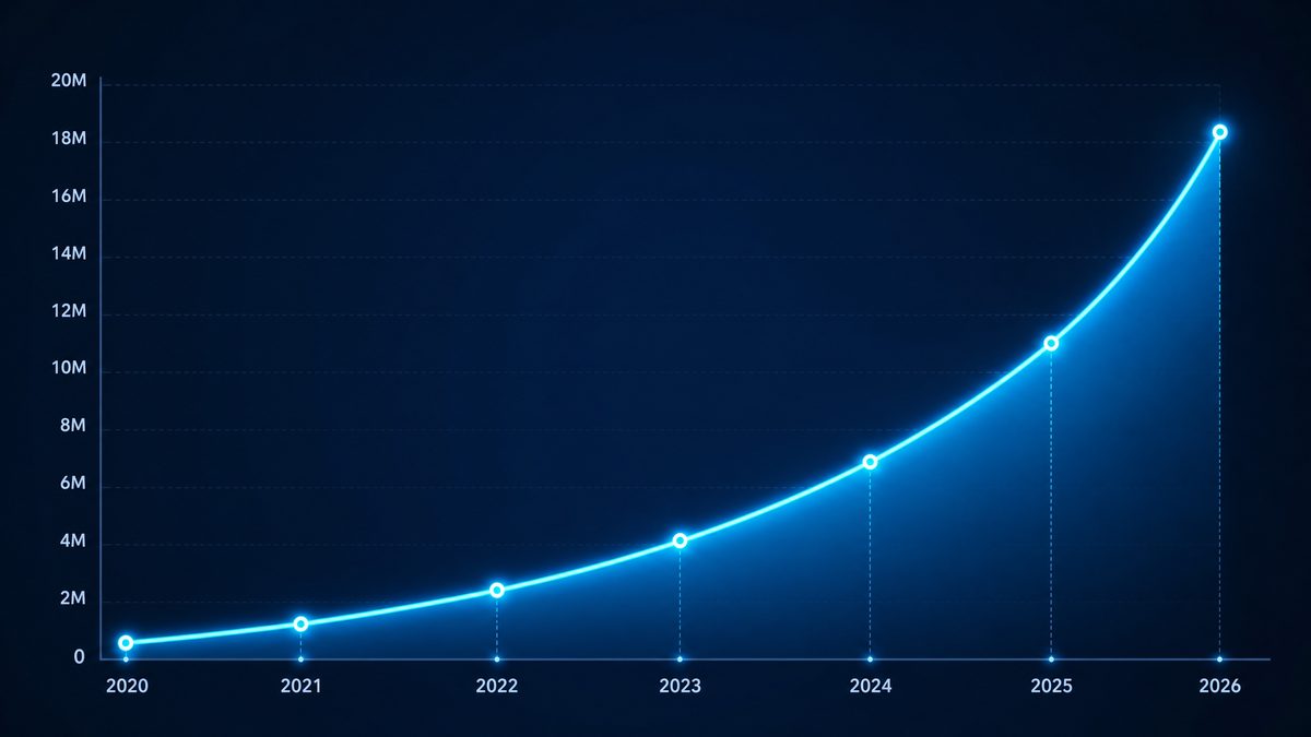 17.c-起草口用户增长数据图表,展示2020-2026年注册用户从50万增长至1800万的趋势